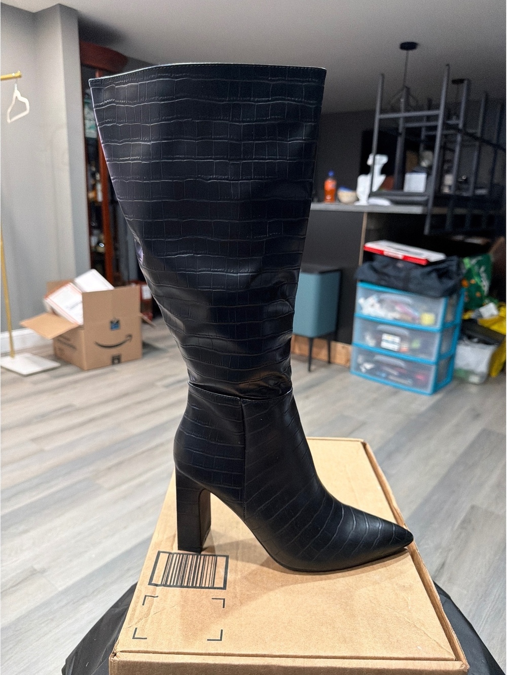 Women’s Black Crocodile-Embossed Knee-High Block-Heel Boots, Size 8.5
